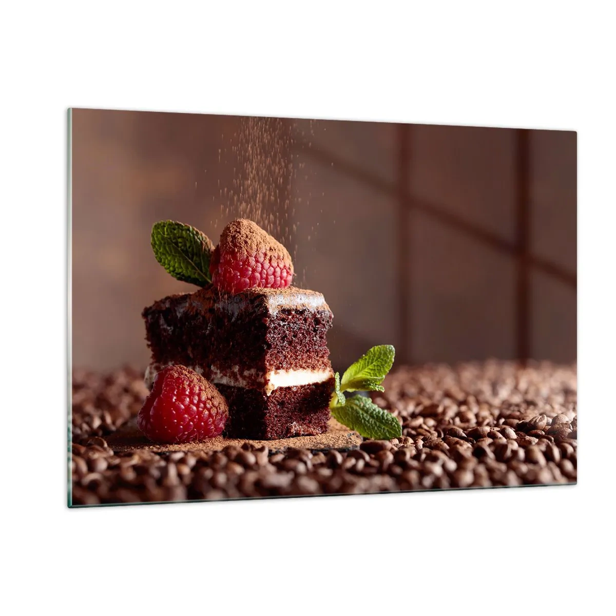 Impression sur verre - Image sur verre - Dessert au chocolat aux framboises et aux feuilles de menthe - 120x80cm - La vie est douce - Décoration murale moderne pour le salon et la chambre ARTTOR