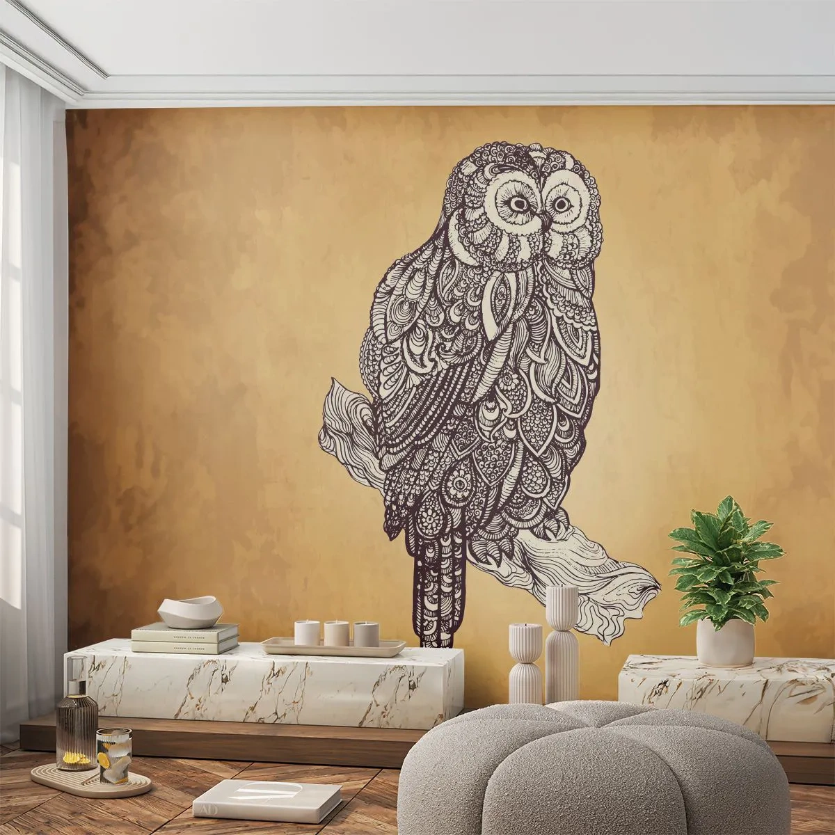 Papier Peint Photo Standard Eco - Ornements complexes de sagesse - Hibou, Oiseau, Animal - 400x280 cm