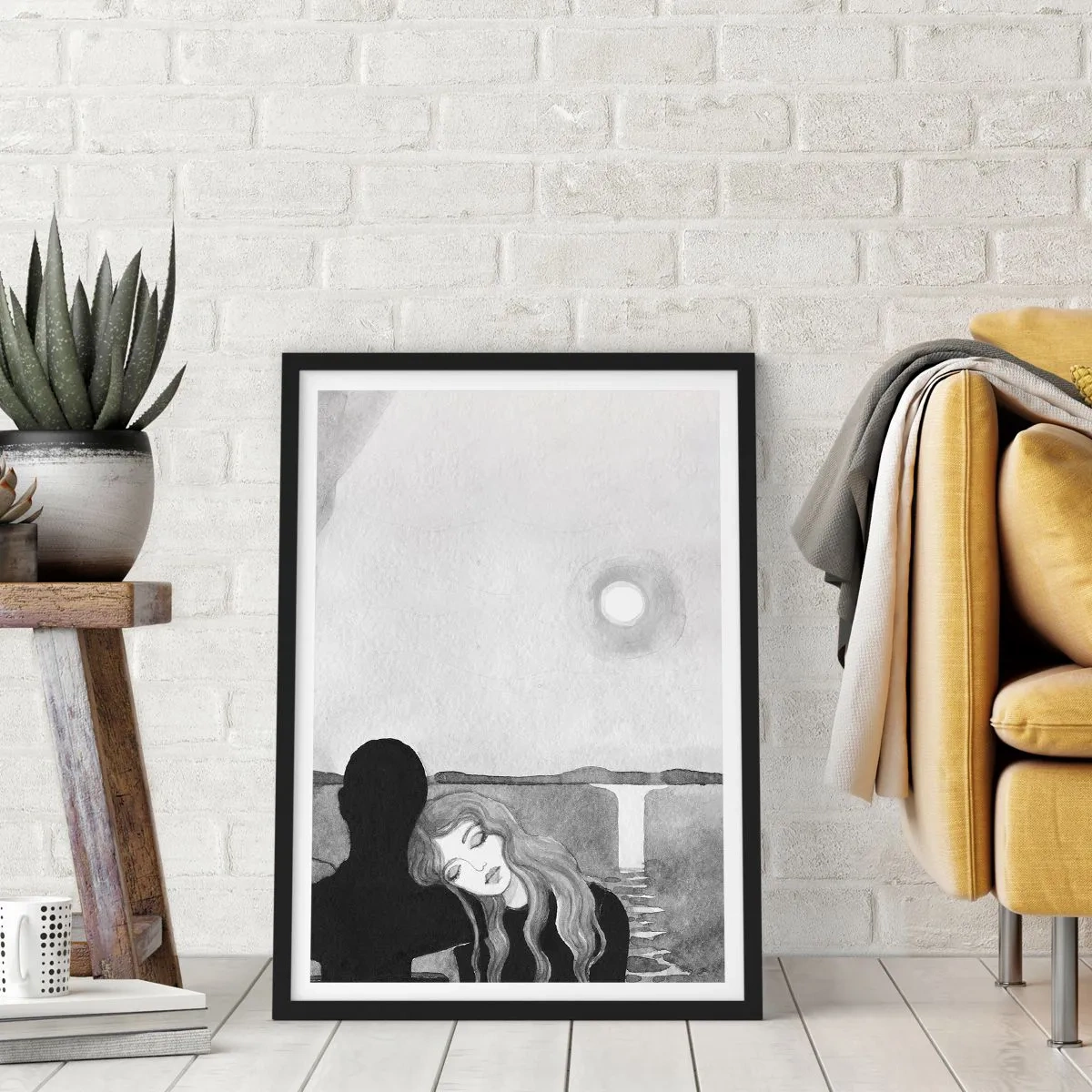 Affiche dans un cadre noir - Poster - Femme appuyée sur une ombre, la lune et une cascade - 50x70cm - Toujours un secret - Décoration murale moderne pour le salon et la chambre ARTTOR