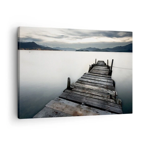 Impression sur toile - Image sur toile - Un pont en bois menant vers un lac tranquille - 70x50cm - Immergez-vous dans la paix - Décoration murale moderne pour le salon et la chambre ARTTOR
