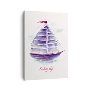 Impression sur toile - Image sur toile - Une aquarelle représentant un voilier sur l'eau avec une inscription délicate - 50x70cm - Plein de voiles et d’eau calme - Décoration murale moderne pour le salon et la chambre ARTTOR