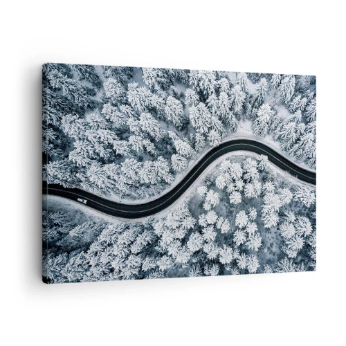 Impression sur toile - Image sur toile - Vue aérienne d'une route sinueuse dans une forêt hivernale - 70x50cm - À travers une forêt d'hiver - Décoration murale moderne pour le salon et la chambre ARTTOR