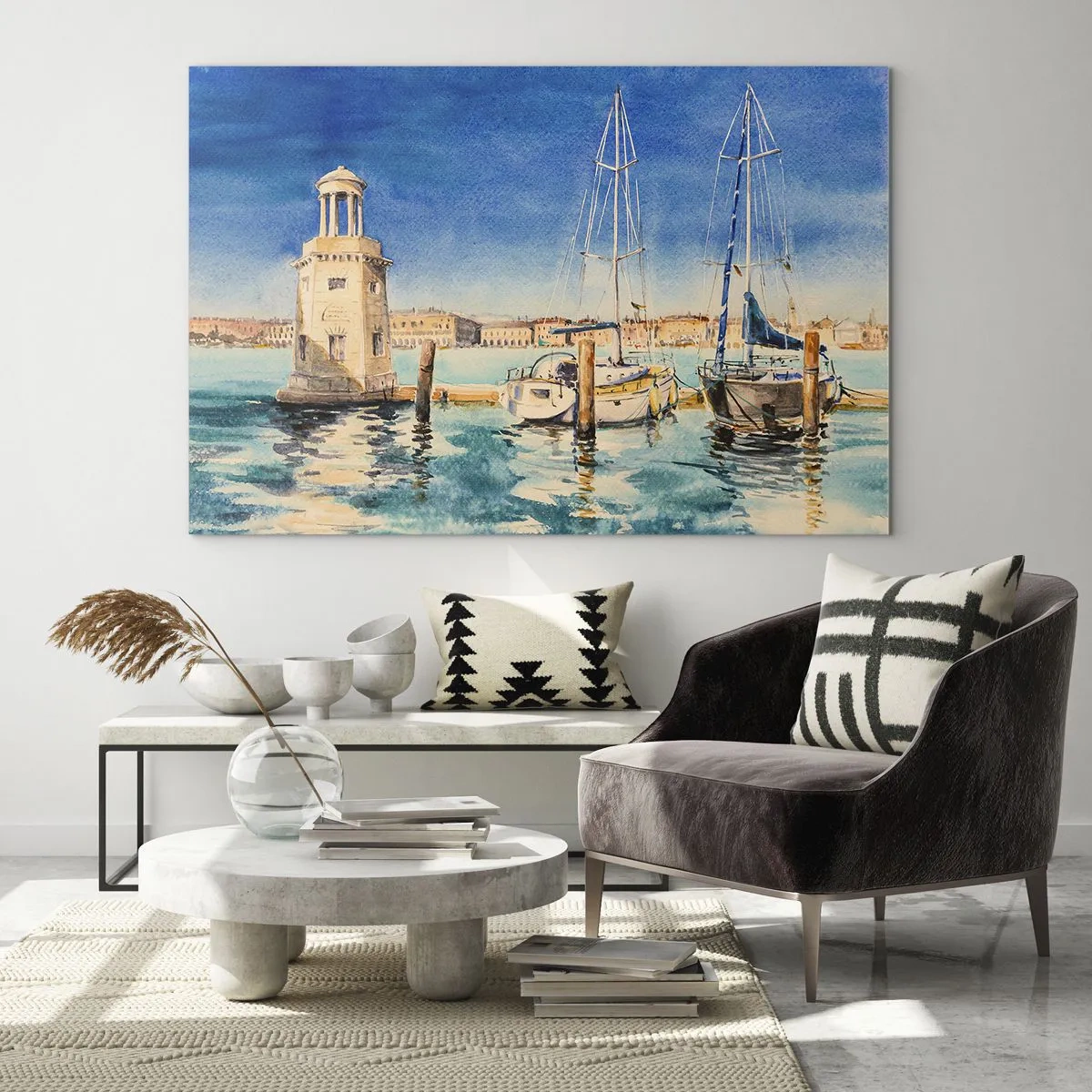 Impression sur verre - Image sur verre - Marina à l'aquarelle avec un phare et des yachts amarrés - 120x80cm - Lagune ensoleillée - Décoration murale moderne pour le salon et la chambre ARTTOR