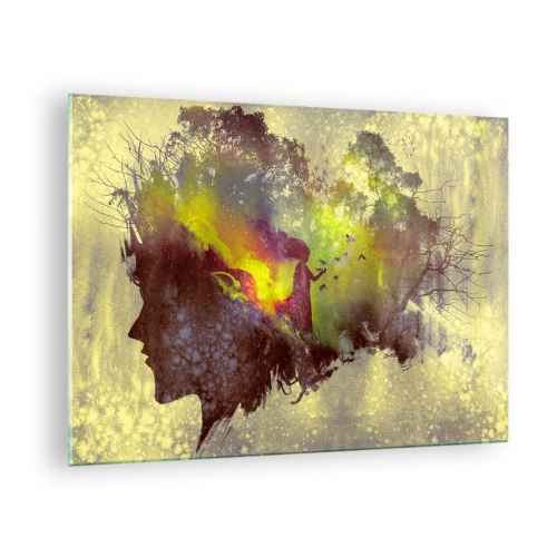 Impression sur verre - Image sur verre - Profil de visage de femme rempli de nature et d'effets colorés. - 70x50cm - Mère Nature - Décoration murale moderne pour le salon et la chambre ARTTOR