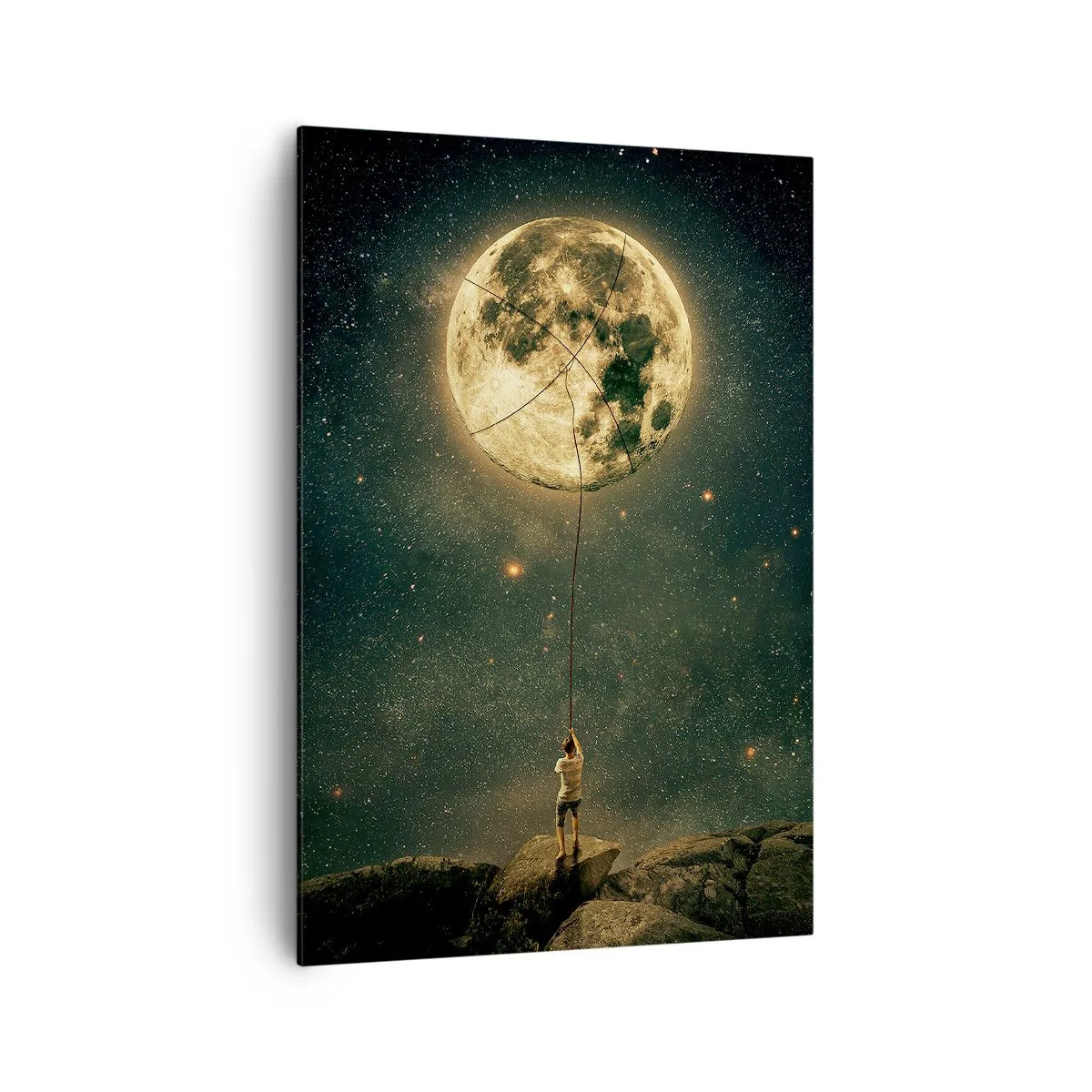 Impression sur toile - Image sur toile - L'homme avec la lune contre le ciel étoilé - 70x100cm - Celui qui a volé la lune - Décoration murale moderne pour le salon et la chambre ARTTOR