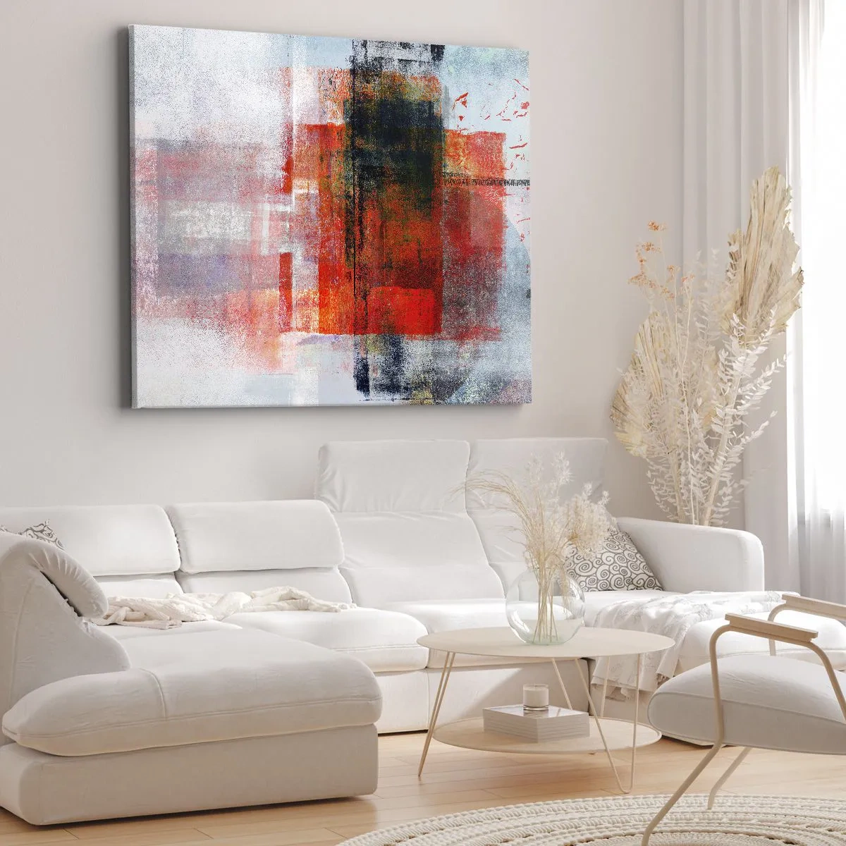 Impression sur toile - Image sur toile - Composition géométrique abstraite avec des accents rouges et oranges - 100x70cm - Composition embrasée - Décoration murale moderne pour le salon et la chambre ARTTOR