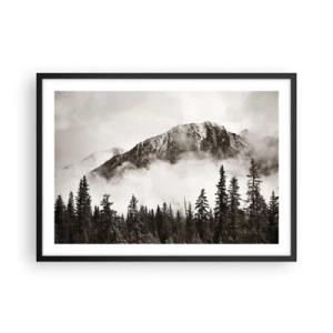 Affiche dans un cadre noir - Poster - Un sommet de montagne pittoresque entouré de brouillard et d'une forêt aux tons sépia - 70x50cm - Seigneur de granite - Décoration murale moderne pour le salon et la chambre ARTTOR