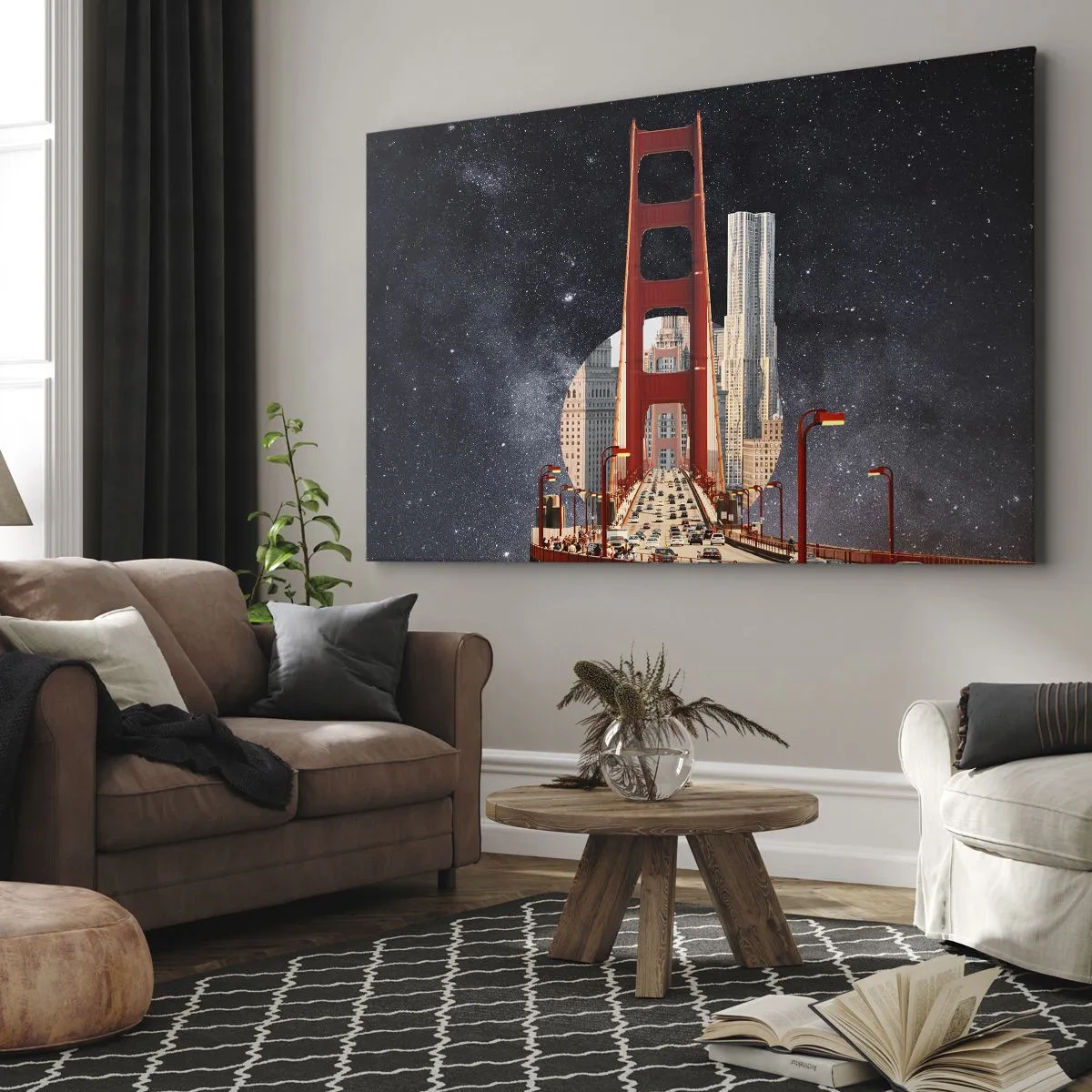 Impression sur toile - Image sur toile - Le Golden Gate Bridge avec la ville en arrière-plan contre un ciel étoilé - 120x80cm - Toujours au centre - Décoration murale moderne pour le salon et la chambre ARTTOR