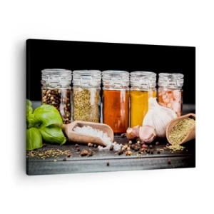 Impression sur toile - Image sur toile - Herbes et épices dans des bocaux en verre sur fond sombre - 70x50cm - Pour que la vie ait du goût - Décoration murale moderne pour le salon et la chambre ARTTOR