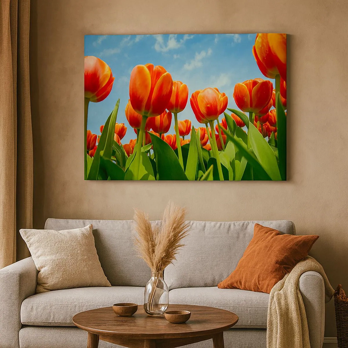 Impression sur toile - Image sur toile - Un champ de tulipes rouges et oranges contre un ciel bleu - 70x50cm - A part le ciel bleu, ils n'ont besoin de rien dans leur vie - Décoration murale moderne pour le salon et la chambre ARTTOR