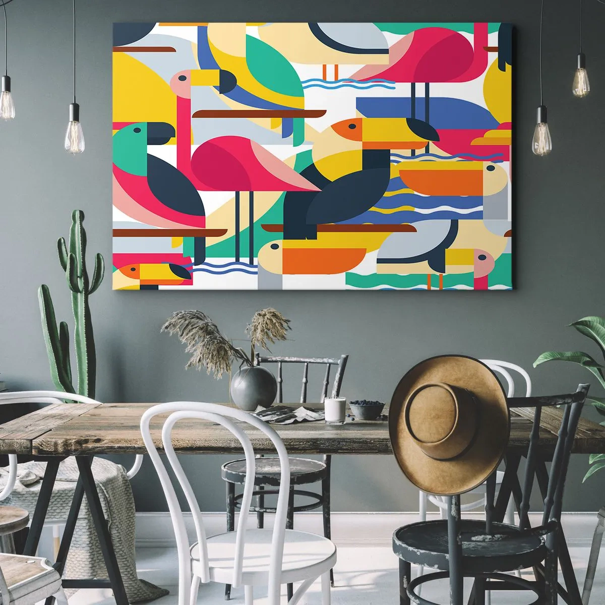 Impression sur toile - Image sur toile - Oiseaux colorés dans une composition abstraite et géométrique - 70x50cm - Fête des oiseaux - Décoration murale moderne pour le salon et la chambre ARTTOR