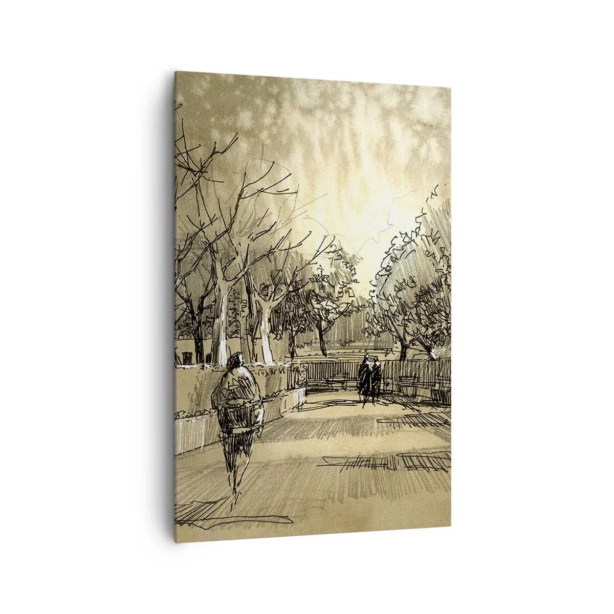 Impression sur toile - Image sur toile - Une scène de dessin animé d'un parc avec des gens marchant dans des tons chauds. - 80x120cm - Un moment arrêté avec une plume - Décoration murale moderne pour le salon et la chambre ARTTOR
