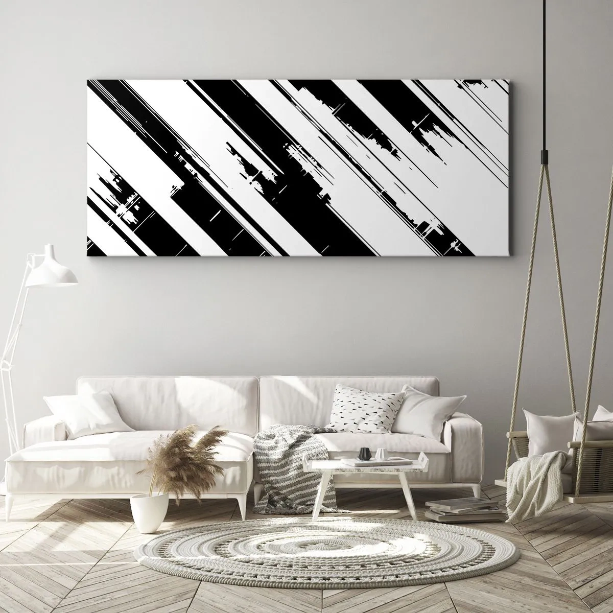 Impression sur toile - Image sur toile - Lignes noires et blanches et motifs géométriques dans un style moderne - 120x50cm - Une composition intense et dynamique - Décoration murale moderne pour le salon et la chambre ARTTOR