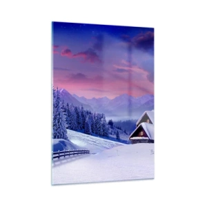 Impression sur verre - Image sur verre - Paysage d'hiver avec un chalet et des montagnes enneigées - 50x70cm - Douce nuit - Décoration murale moderne pour le salon et la chambre ARTTOR
