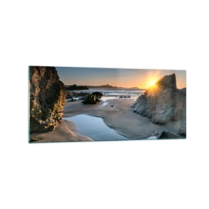 Impression sur verre - Image sur verre - Coucher de soleil pittoresque sur une plage rocheuse - 120x50cm - Intouché par la main de l'homme - Décoration murale moderne pour le salon et la chambre ARTTOR