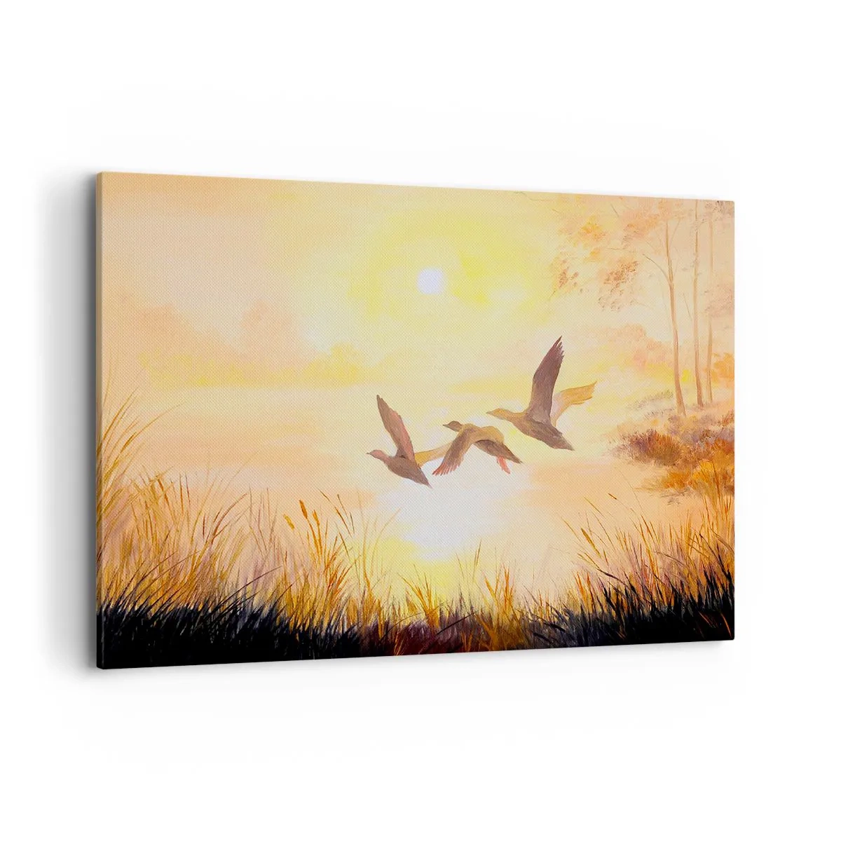 Impression sur toile - Image sur toile - Canards volant au lever du soleil au-dessus du lac - 120x80cm - Le début d'un long voyage - Décoration murale moderne pour le salon et la chambre ARTTOR