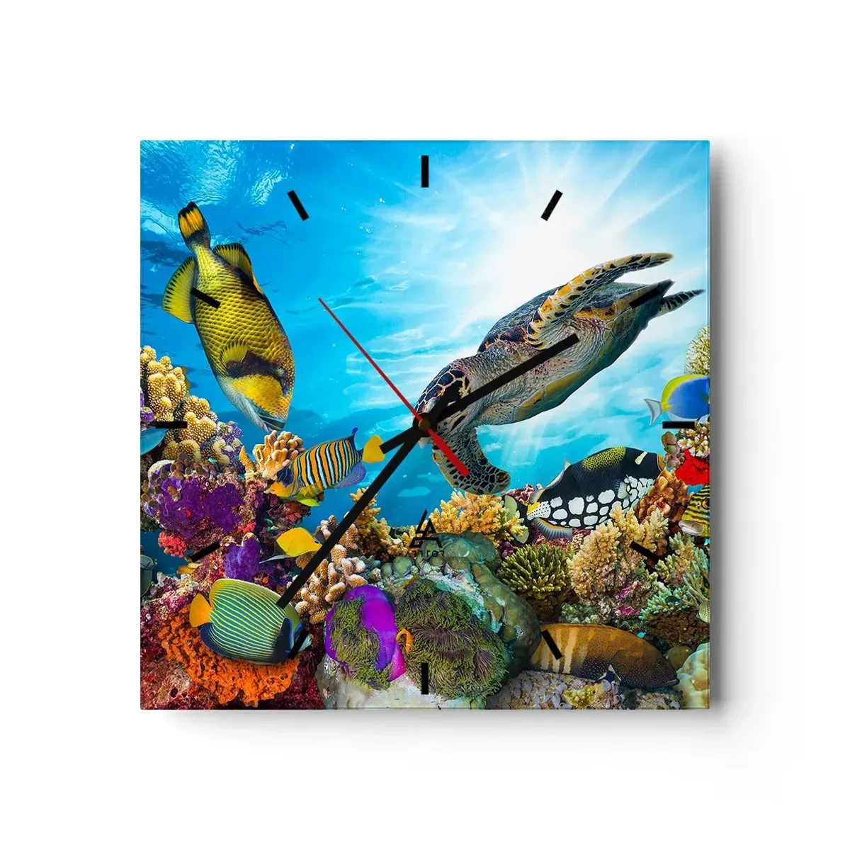 Horloge murale - Pendule murale - Monde sous-marin avec des poissons colorés et une tortue dans le corail - 30x30cm - Promenade de corail - Décoration murale moderne pour le salon et la chambre ARTTOR