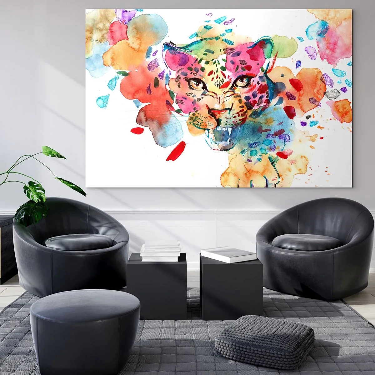 Impression sur verre - Image sur verre - Portrait aquarelle coloré d'un léopard - 120x80cm - La belle et la Bête - Décoration murale moderne pour le salon et la chambre ARTTOR