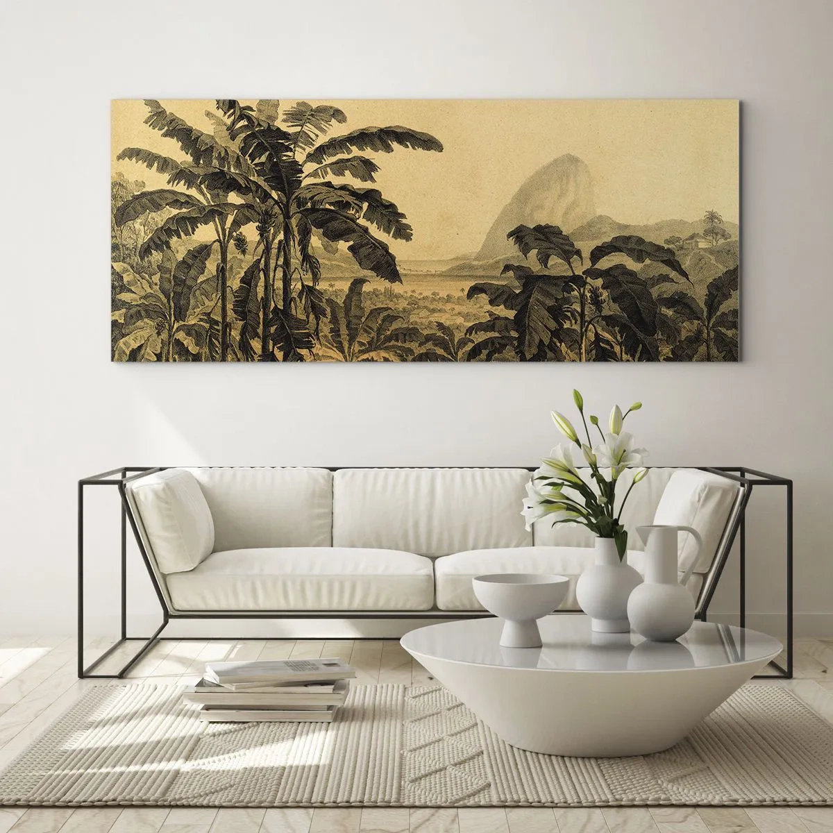Impression sur verre - Image sur verre - Dessin de bananiers sur fond de paysage tropical - 120x50cm - Dans un climat colonial - Décoration murale moderne pour le salon et la chambre ARTTOR