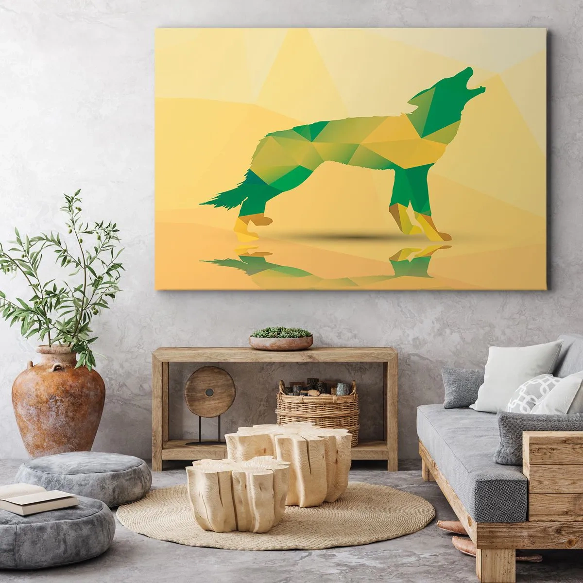 Impression sur toile - Image sur toile - Silhouette de loup géométrique dans les tons verts et jaunes - 120x80cm - Loup solitaire - Décoration murale moderne pour le salon et la chambre ARTTOR
