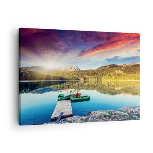 Impression sur toile - Image sur toile - Coucher de soleil sur le lac avec des bateaux à l'embarcadère - 70x50cm - Aussi lisse qu'un miroir au-dessus de l'eau - Décoration murale moderne pour le salon et la chambre ARTTOR