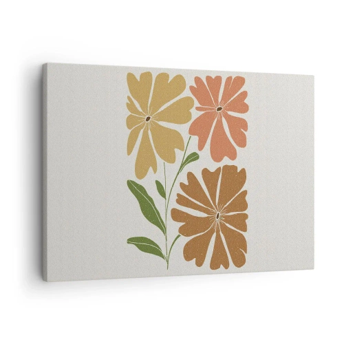 Impression sur toile - Image sur toile - Trois fleurs aux couleurs chaudes sur un fond clair - 70x50cm - Nature et géométrie - Décoration murale moderne pour le salon et la chambre ARTTOR