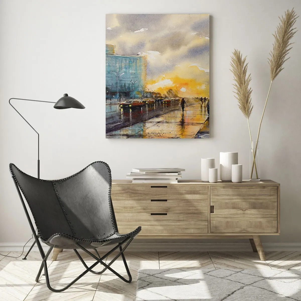 Impression sur verre - Image sur verre - Aquarelle d'une ville balnéaire avec coucher de soleil - 50x70cm - La vie sur le rivage - Décoration murale moderne pour le salon et la chambre ARTTOR