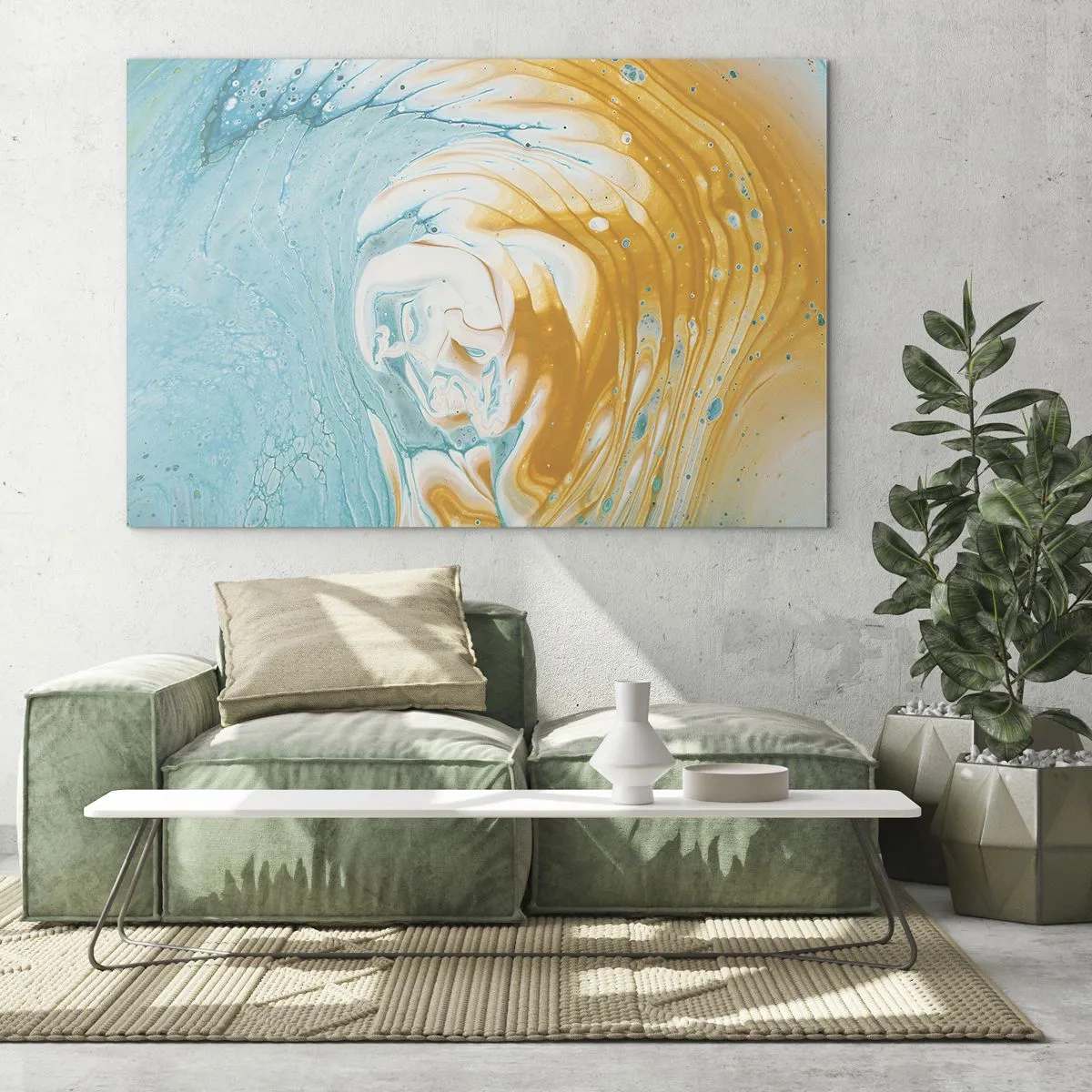 Impression sur verre - Image sur verre - Tourbillon pastel aux couleurs bleu et jaune - 70x50cm - Tourbillon pastel - Décoration murale moderne pour le salon et la chambre ARTTOR
