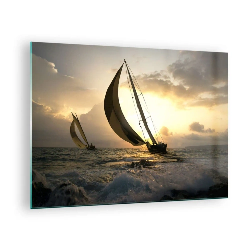 Impression sur verre - Image sur verre - Voiliers dans une mer agitée au coucher du soleil - 70x50cm - Avec le vent et contre le vent - Décoration murale moderne pour le salon et la chambre ARTTOR