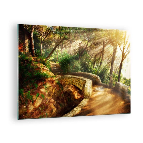 Impression sur verre - Image sur verre - Les rayons du soleil illuminent le pont et le chemin de la forêt - 70x50cm - Directement du pont dans une forêt de conte de fées - Décoration murale moderne pour le salon et la chambre ARTTOR
