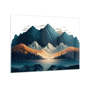Impression sur verre - Image sur verre - Paysage de montagne stylisé avec une forêt et un lac - 70x50cm - Paysage de montagne parfait - Décoration murale moderne pour le salon et la chambre ARTTOR