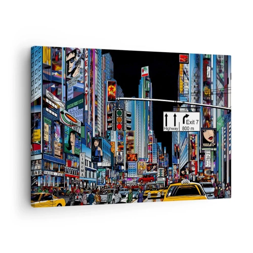Impression sur toile - Image sur toile - Une ville animée avec des publicités colorées et des taxis jaunes - 70x50cm - Grande nuit de bande dessinée - Décoration murale moderne pour le salon et la chambre ARTTOR