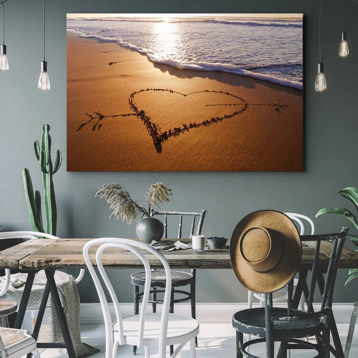 Impression sur toile - Image sur toile - Un cœur fait de sable sur la plage au coucher du soleil - 100x70cm - Confession de vacances - Décoration murale moderne pour le salon et la chambre ARTTOR