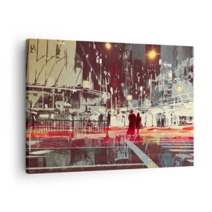 Impression sur toile - Image sur toile - Ville la nuit avec des néons et des silhouettes de personnes dans la rue - 70x50cm - Une grande traversée de ville - Décoration murale moderne pour le salon et la chambre ARTTOR