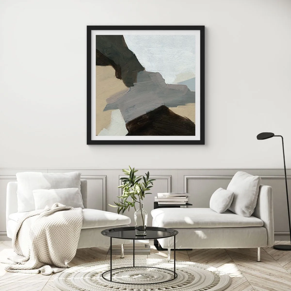 Affiche dans un cadre noir - Poster - Abstraction : le carrefour du gris - 40x40 cm