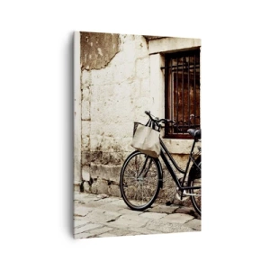 Impression sur toile - Image sur toile - Un vélo contre un mur de pierre avec une fenêtre et une porte de style rétro - 70x100cm - Retour au passé - Décoration murale moderne pour le salon et la chambre ARTTOR