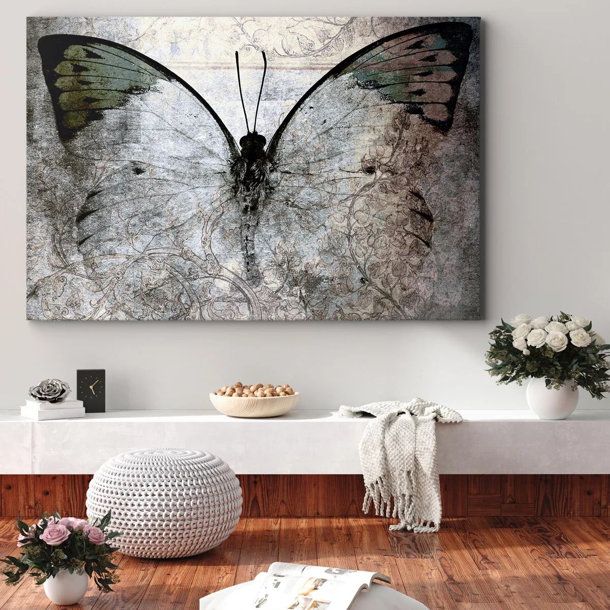 Impression sur toile - Image sur toile - Un papillon dans les tons de vert et de gris sur un fond décoratif - 70x50cm - Dans le style Art Nouveau - Décoration murale moderne pour le salon et la chambre ARTTOR
