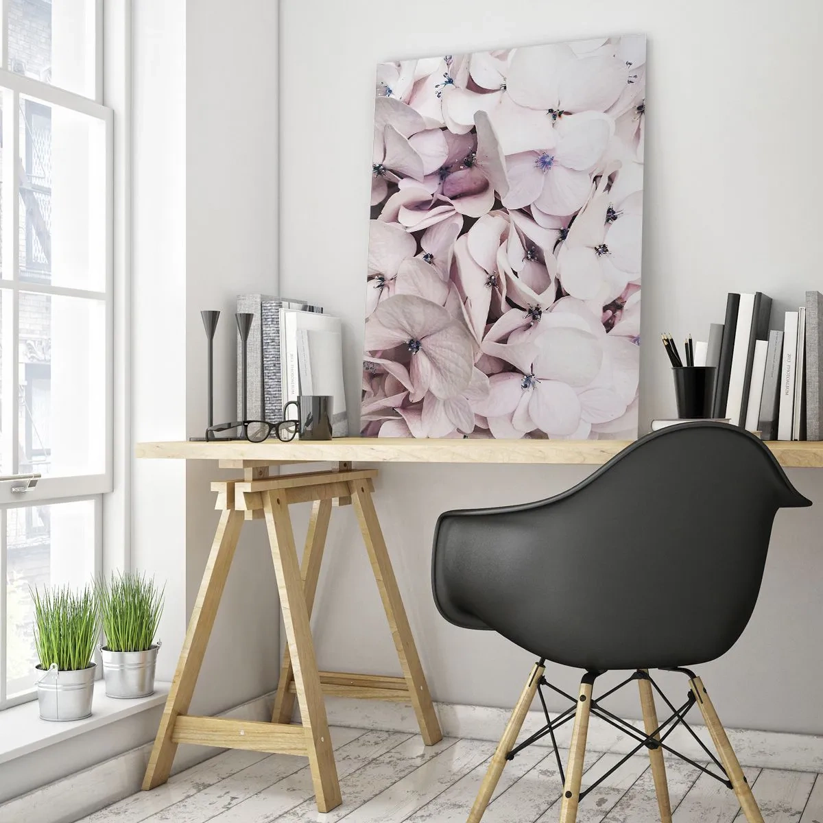 Impression sur verre - Image sur verre - Hortensias rose clair délicats en gros plan - 50x70cm - Dans un flot de fleurs - Décoration murale moderne pour le salon et la chambre ARTTOR