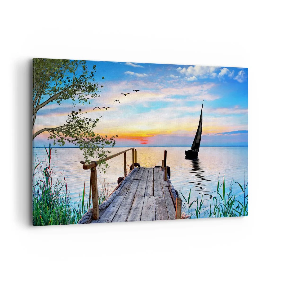 Impression sur toile - Image sur toile - Jetée du lac avec bateau et coucher de soleil - 120x80cm - Bonsoir! - Décoration murale moderne pour le salon et la chambre ARTTOR