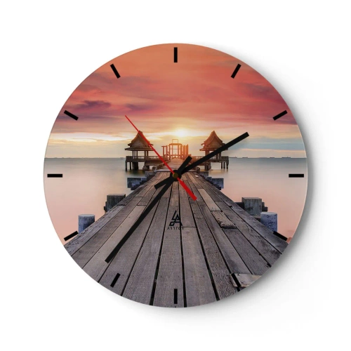 Horloge murale - Pendule murale - Jetée en bois menant aux belvédères au bord de la mer au coucher du soleil - 30x30cm - L'Ouest à l'Est - Décoration murale moderne pour le salon, la cuisine et la chambre ARTTOR
