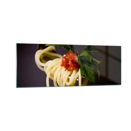 Impression sur verre - Image sur verre - Spaghettis à la fourchette avec sauce tomate et persil - 140x50cm - Une bouchée savoureuse - Décoration murale moderne pour le salon et la chambre ARTTOR