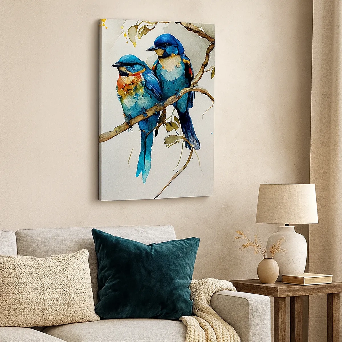 Impression sur toile - Image sur toile - Trois oiseaux colorés sur une branche dans un style aquarelle - 50x70cm - A-t-il été offensé ? - Décoration murale moderne pour le salon et la chambre ARTTOR