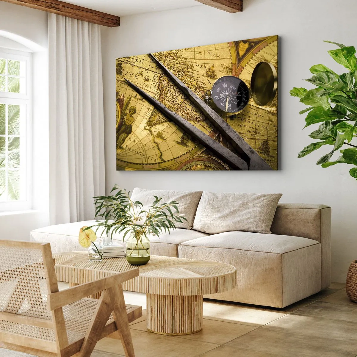 Impression sur toile - Image sur toile - Une carte du monde antique avec une boussole et un compas en arrière-plan - 70x50cm - Où sont ces trésors? - Décoration murale moderne pour le salon et la chambre ARTTOR
