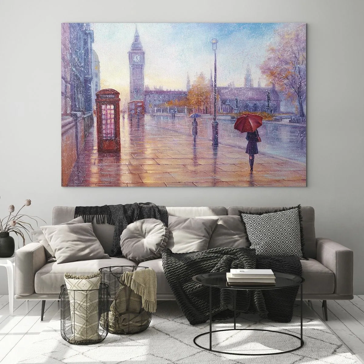 Impression sur verre - Image sur verre - Scène londonienne sous la pluie avec Big Ben et la boîte rouge - 120x80cm - Jour automnal londonien - Décoration murale moderne pour le salon et la chambre ARTTOR
