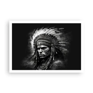 Affiche - Poster - Portrait d'un chef portant une coiffe à plumes sur fond noir - 100x70cm - Un leader et un guerrier - Décoration murale moderne pour le salon et la chambre ARTTOR