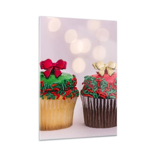 Impression sur verre - Image sur verre - Cupcakes de Noël avec décorations en forme de nœud - 50x70cm - Une sucrerie après la cocarde - Décoration murale moderne pour le salon et la chambre ARTTOR
