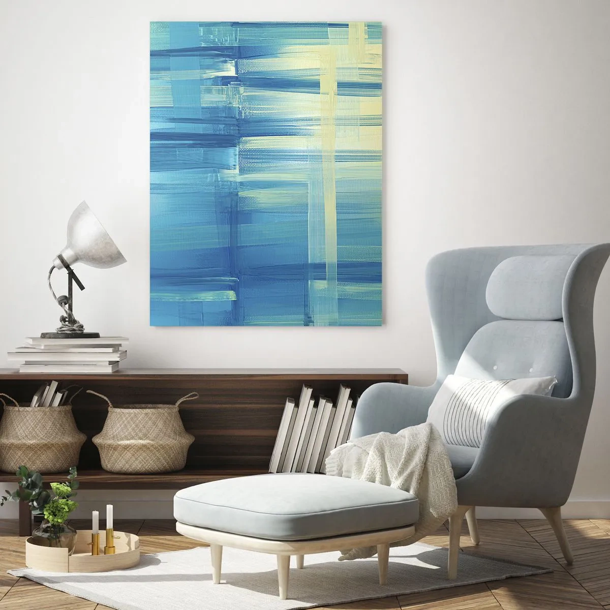 Impression sur verre - Image sur verre - Coups de pinceau abstraits en turquoise et jaune - 50x70cm - Composition en turquoise - Décoration murale moderne pour le salon et la chambre ARTTOR