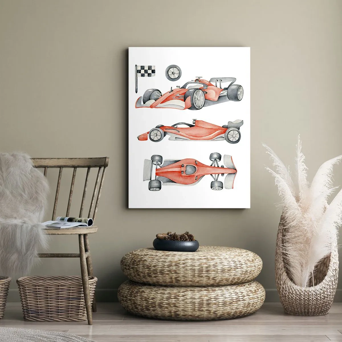 Impression sur toile - Image sur toile - Une voiture de course rouge avec un drapeau à damier - 80x120cm - poursuis ton rêve - Décoration murale moderne pour le salon et la chambre ARTTOR