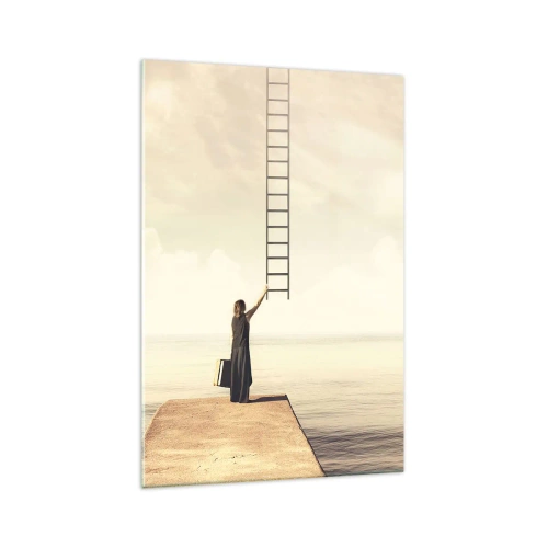 Impression sur verre - Image sur verre - Une femme debout sur une jetée avec une échelle menant au ciel - 70x100cm - Voyage magique - Décoration murale moderne pour le salon et la chambre ARTTOR
