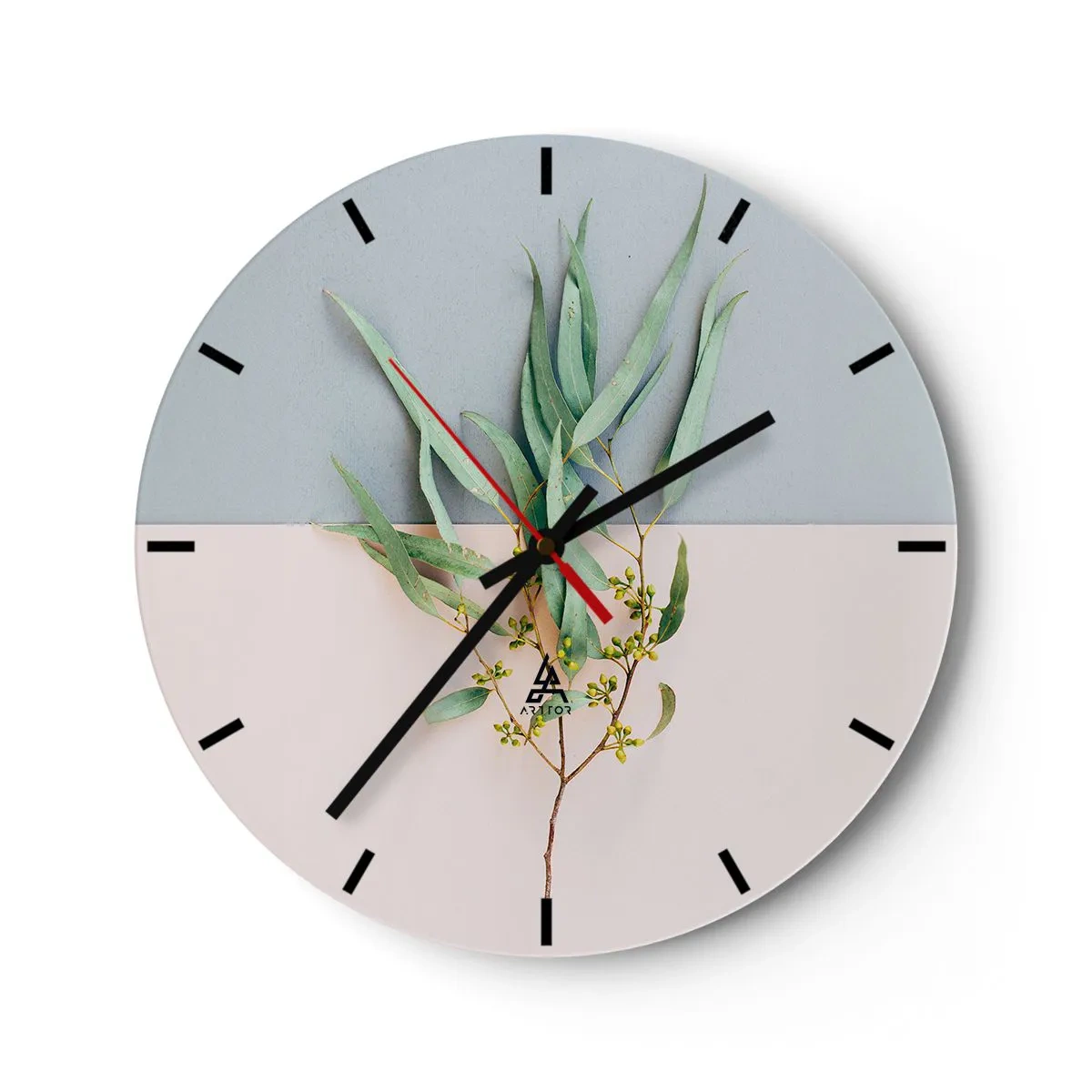 Horloge murale - Pendule murale - Une branche verte sur un fond de pastels bleus et beiges - 30x30cm - Subtilité pastel - Décoration murale moderne pour le salon, la cuisine et la chambre ARTTOR